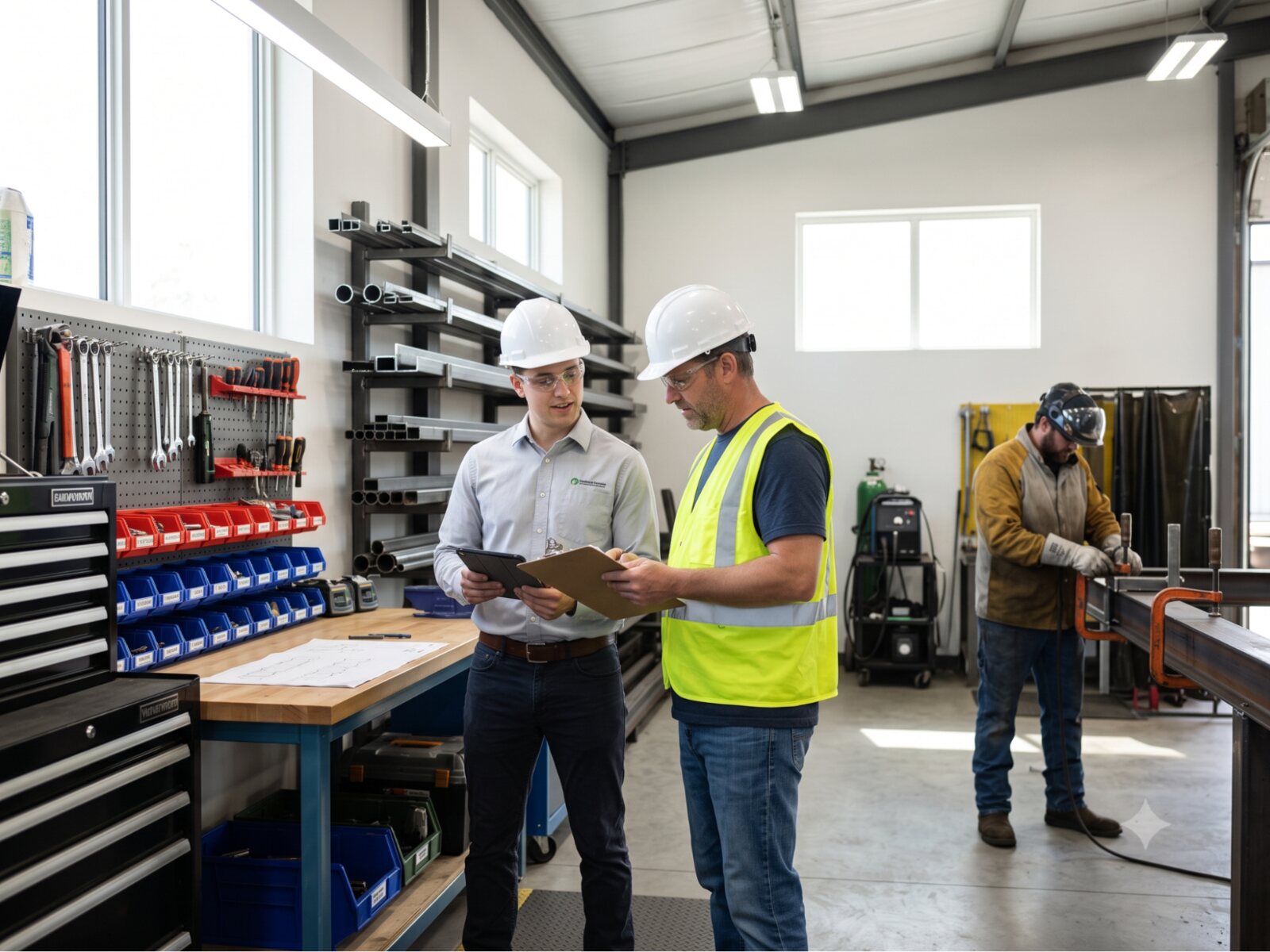 Consultant reviewing AISC certification cost with the owner of a small steel fabrication shop