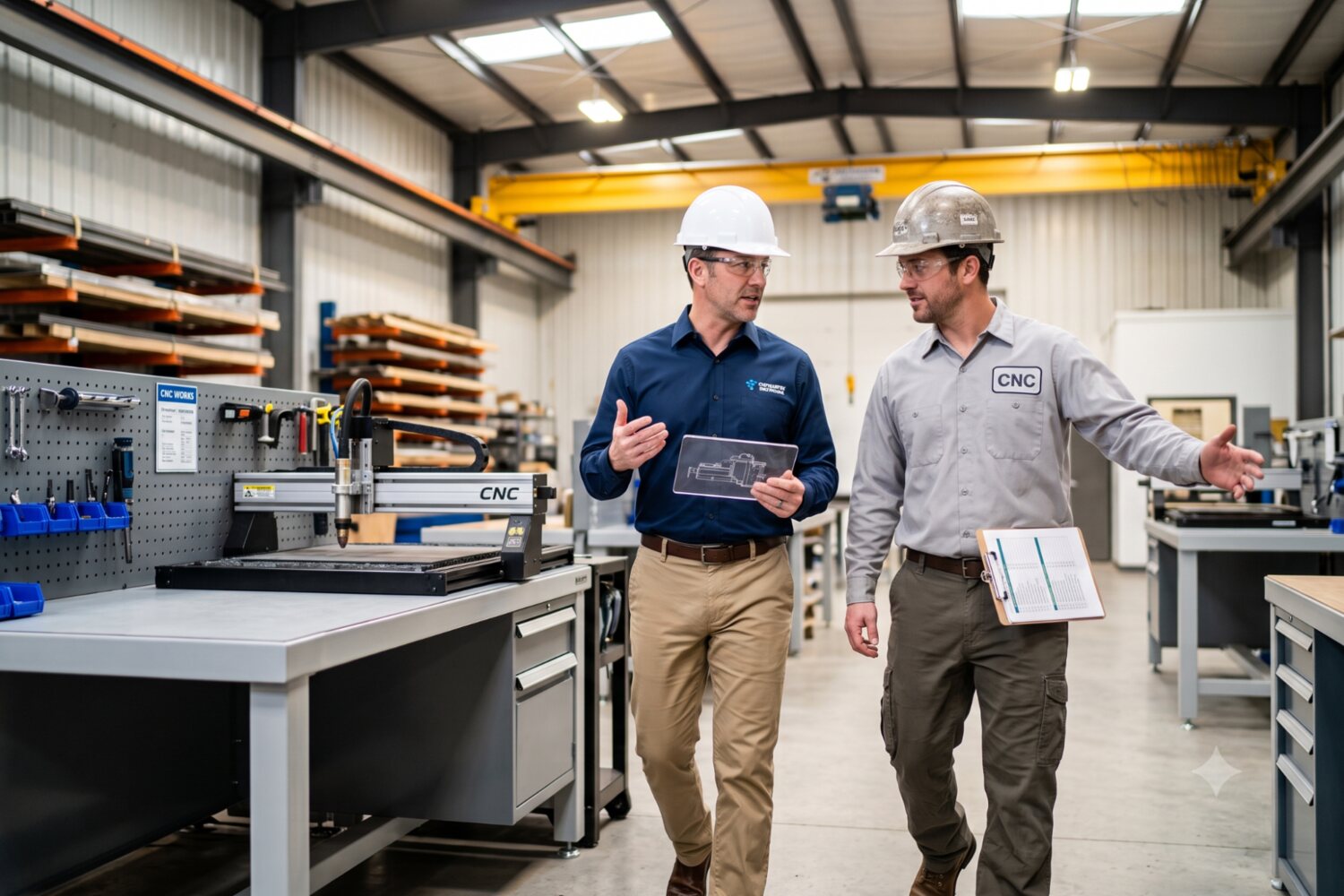 Consultant and shop manager walking the fabrication floor during an AISC certification requirements gap assessment