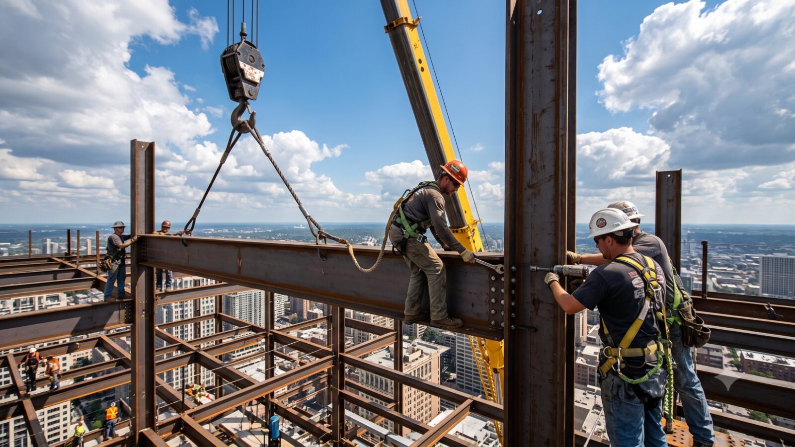 AISC certified erector crew connecting a structural steel beam at height with a crane