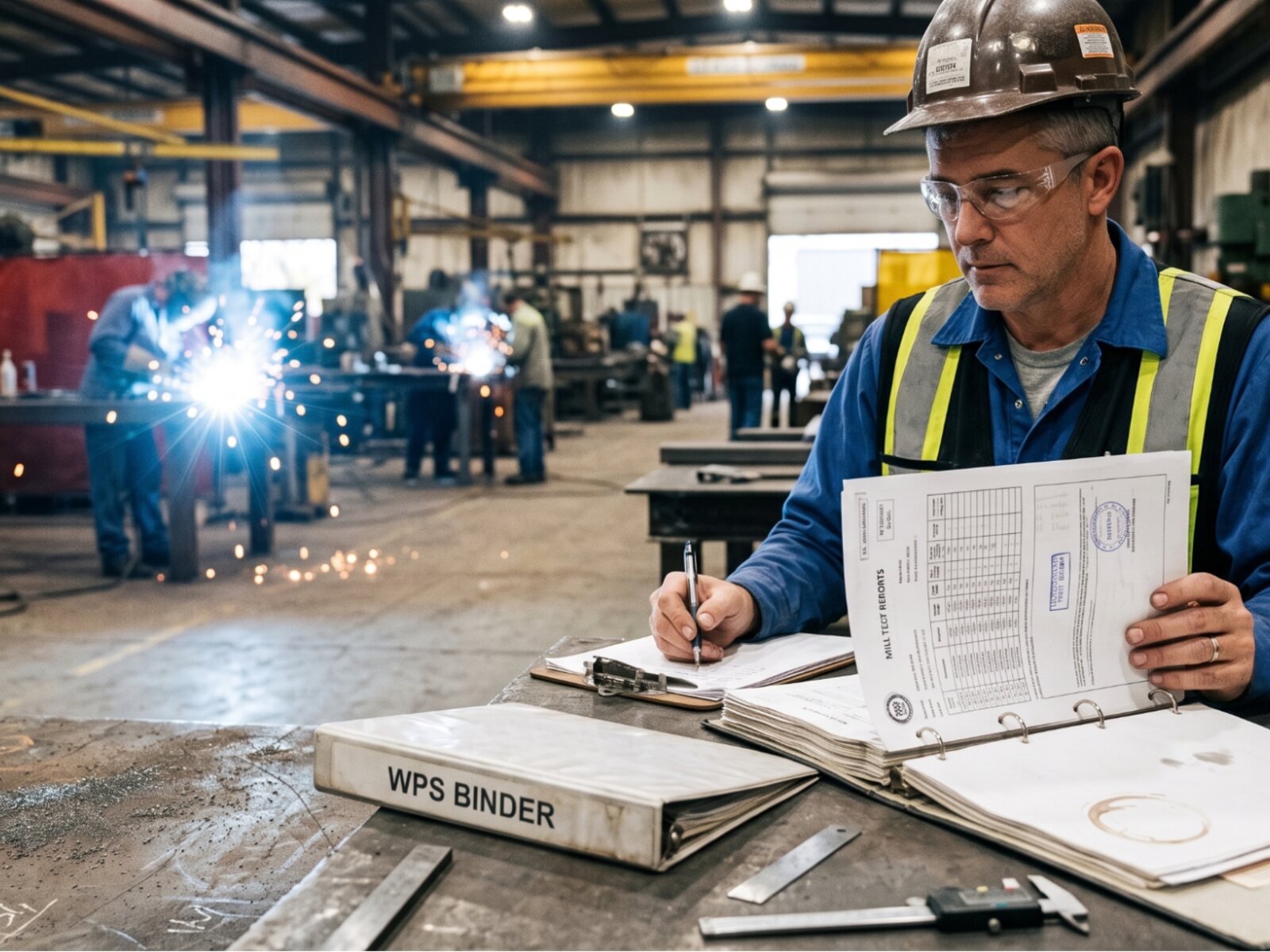 Quality control manager reviewing a WPS binder and mill certs to meet AISC certified fabricator requirements