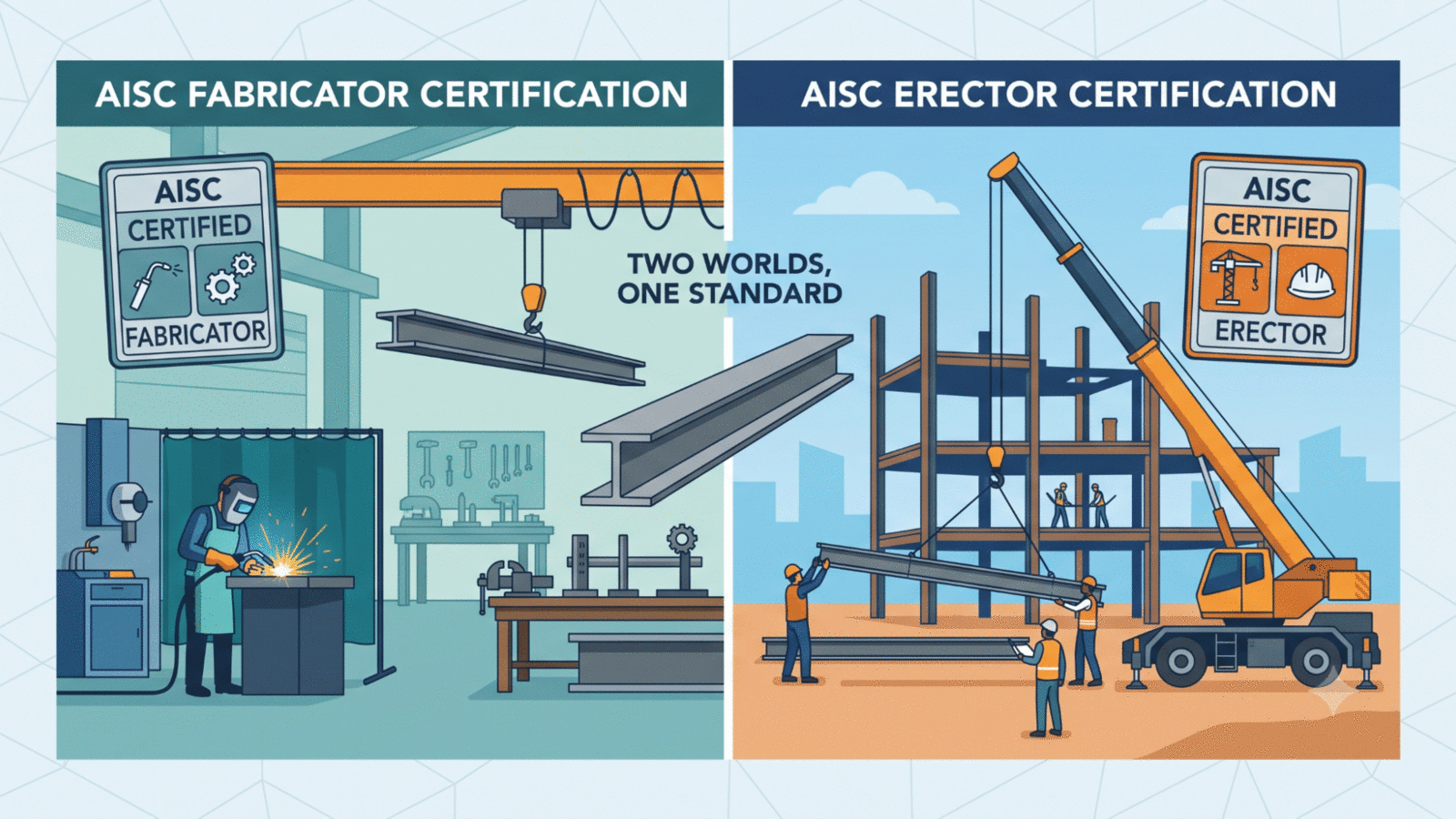 AISC certified fabricator work in the shop beside AISC certified erector work on the jobsite — two worlds, one standard