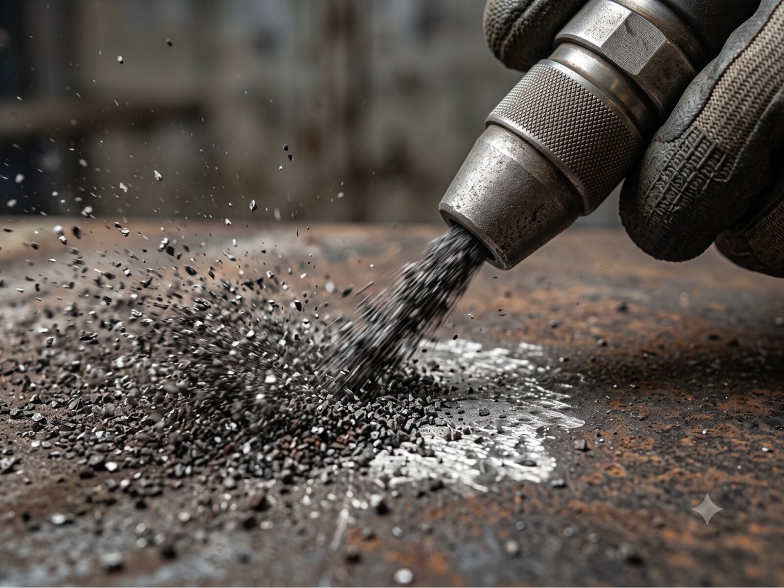 Abrasive blast nozzle cleaning a steel surface to an SSPC blast standard