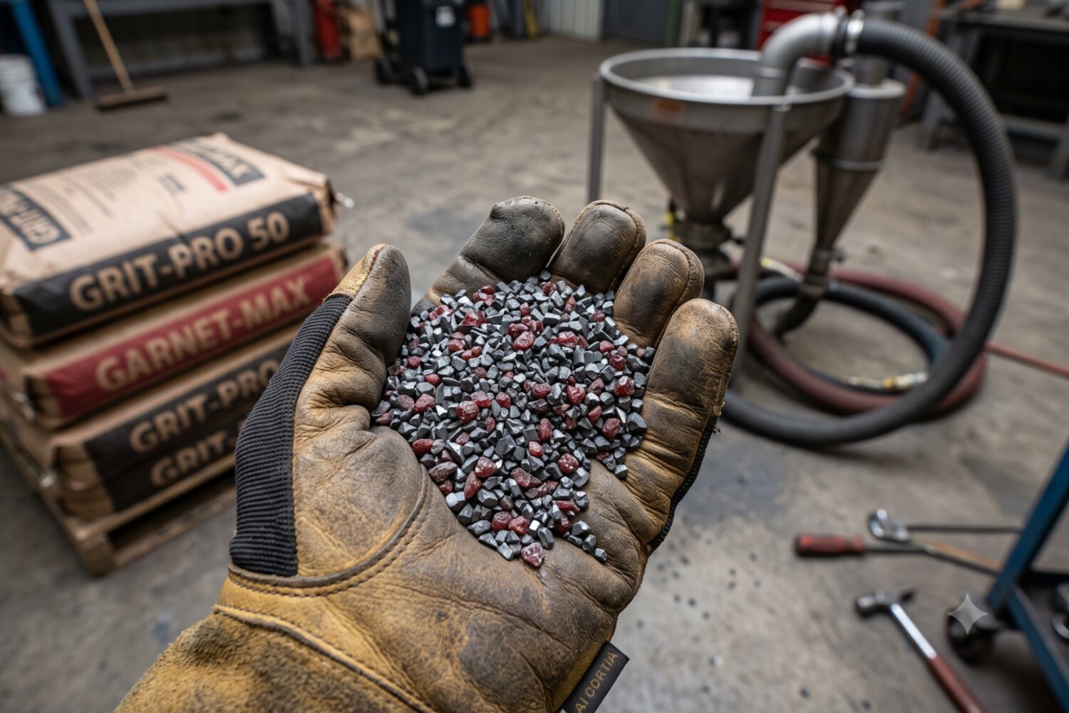 Gloved hand holding steel grit and garnet abrasive blast media