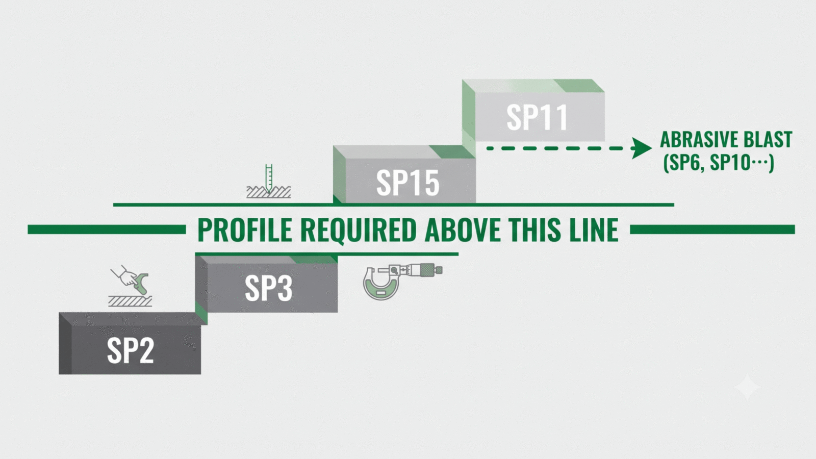 SSPC hand and power tool cleaning ladder — SP2, SP3, SP15, SP11 and the point where surface profile is required before abrasive blast