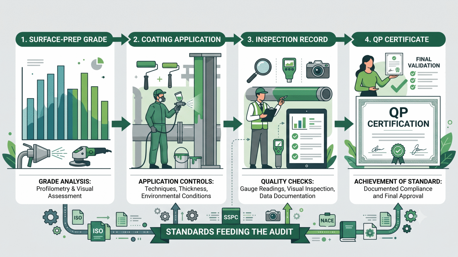 SSPC QP certification audit flow: surface-prep grade, coating application, inspection record and QP certificate, with SSPC, ISO and NACE standards feeding the audit