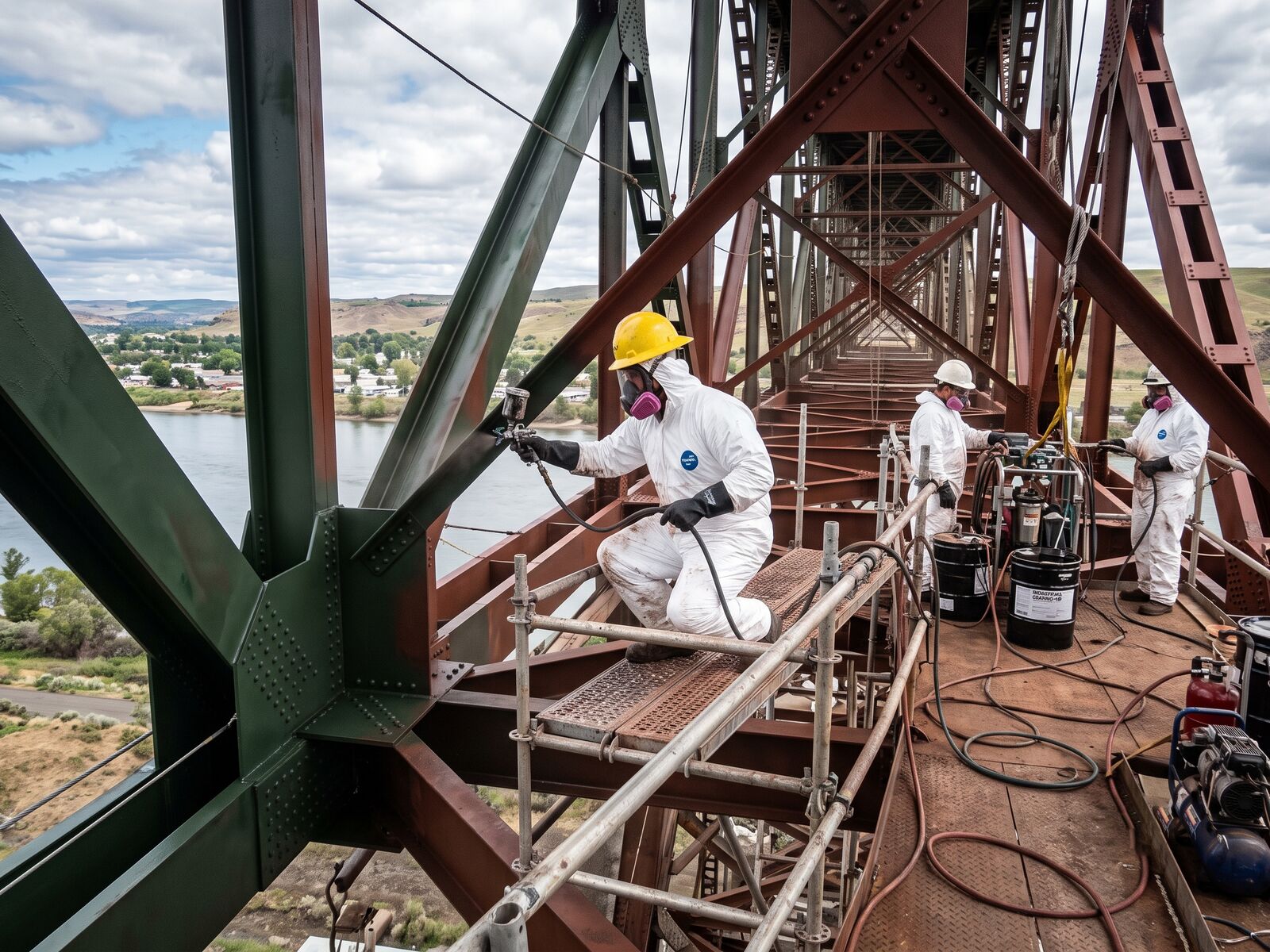 Coatings crew in respirators and protective suits spray-applying a protective coating to steel bridge trusses in the field