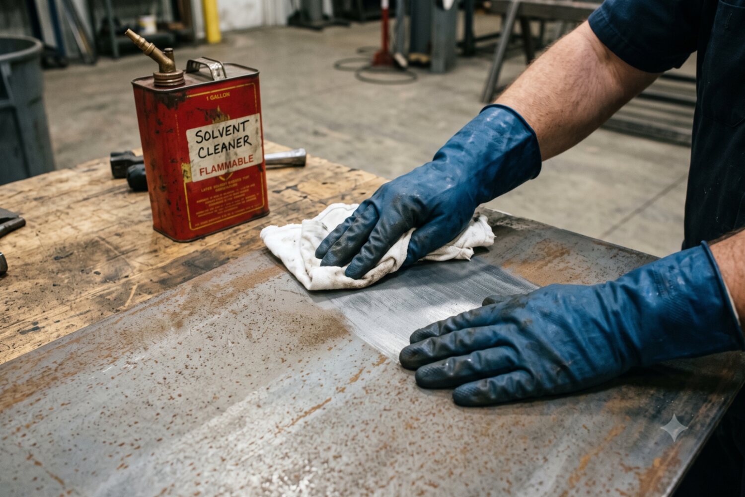 SSPC-SP1 solvent cleaning — wiping a steel surface with a rag before coating