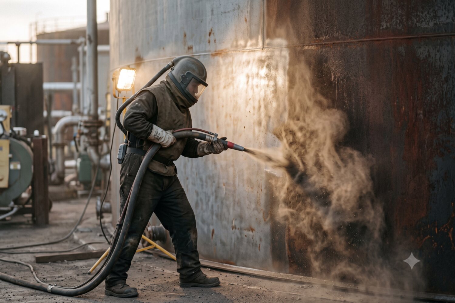 Abrasive blasting a steel tank wall — surface preparation to SSPC standards