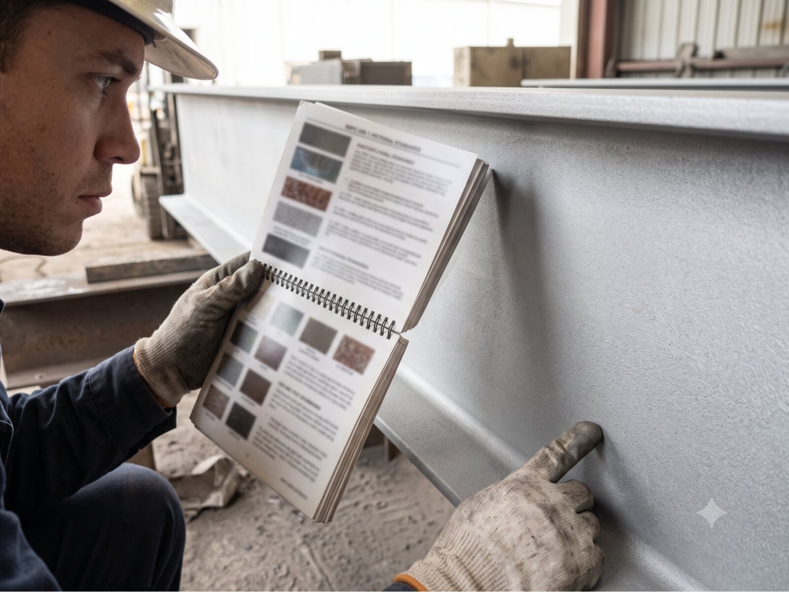 Inspector comparing a blast-cleaned steel surface against the SSPC-VIS 1 pictorial reference standard